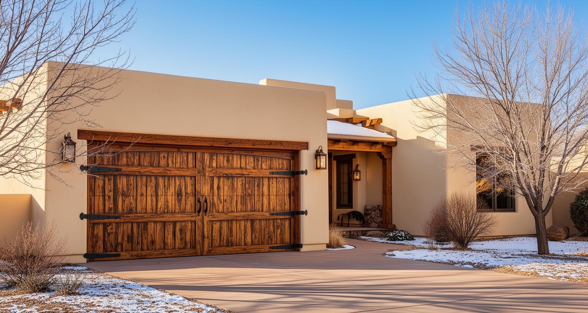 Beautiful rustic wood garage door with iron strap hinges on Southwest adobe home